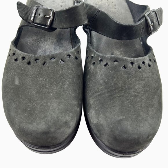 Mephisto Womens 40  Black Suede Mary Jane Clogs Adjust Strap Perforated Pattern - Picture 3 of 12